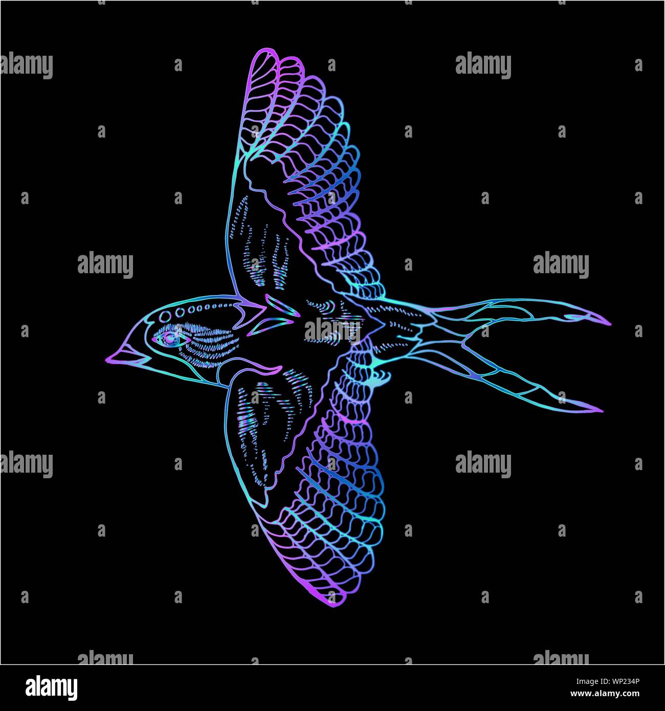 Illustrazione di una rondine in un profilo. Flying neon uccello cosmico Illustrazione Vettoriale