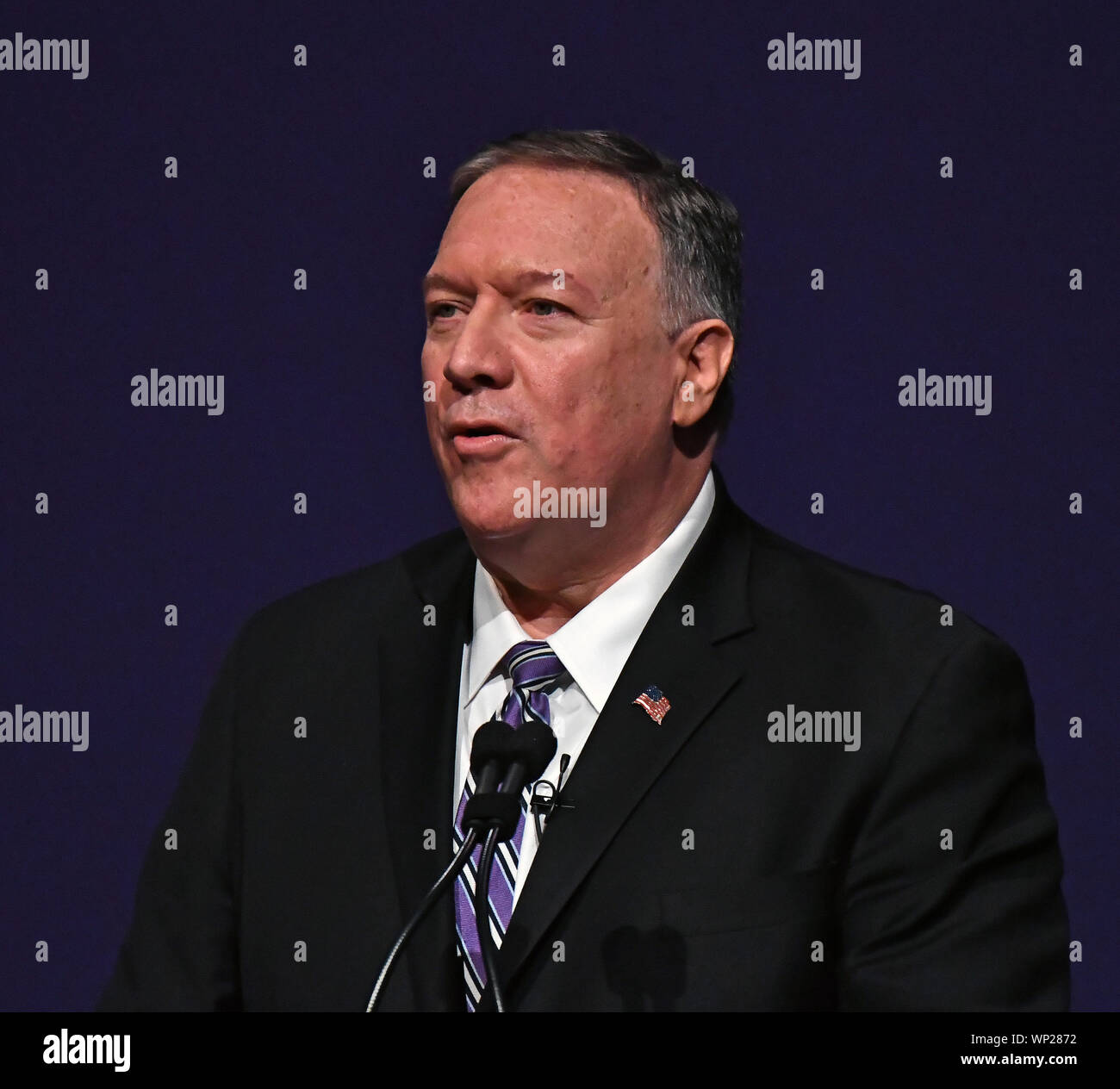 Manhattan Kansas, USA, 6 settembre 2019. Stati Uniti il Segretario di Stato Michael R. Pompeo offre il primo Alfred M. Landon Lecture dell anno scolastico a Kansas State University, Foto Stock