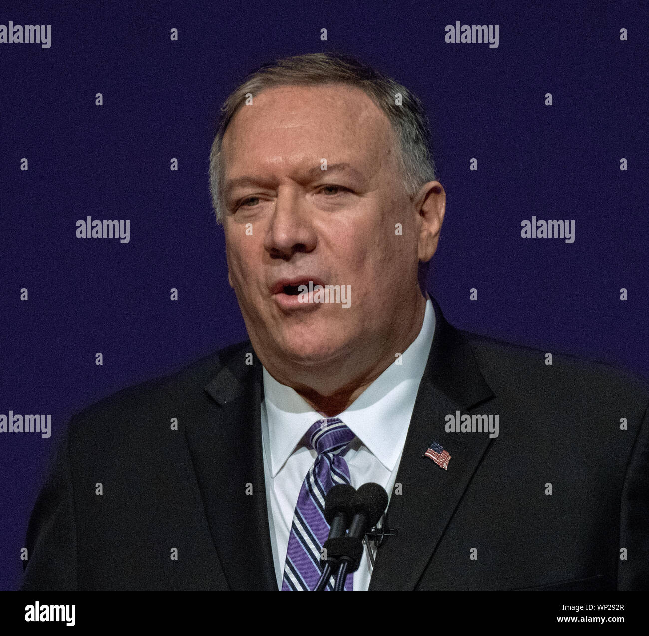 Manhattan Kansas, USA, 6 settembre 2019. Stati Uniti il Segretario di Stato Michael R. Pompeo offre il primo Alfred M. Landon Lecture dell anno scolastico a Kansas State University, Foto Stock