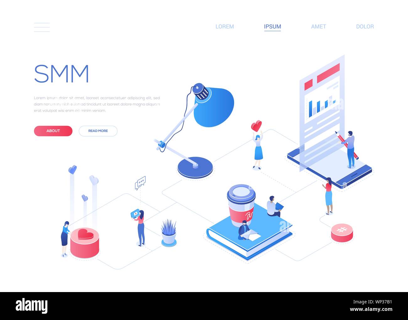 Il social media marketing - moderno vettore isometrica banner web copia con spazio per il testo. Un sito web con testata maschio, femmina specialisti SMM analizzando il Illustrazione Vettoriale