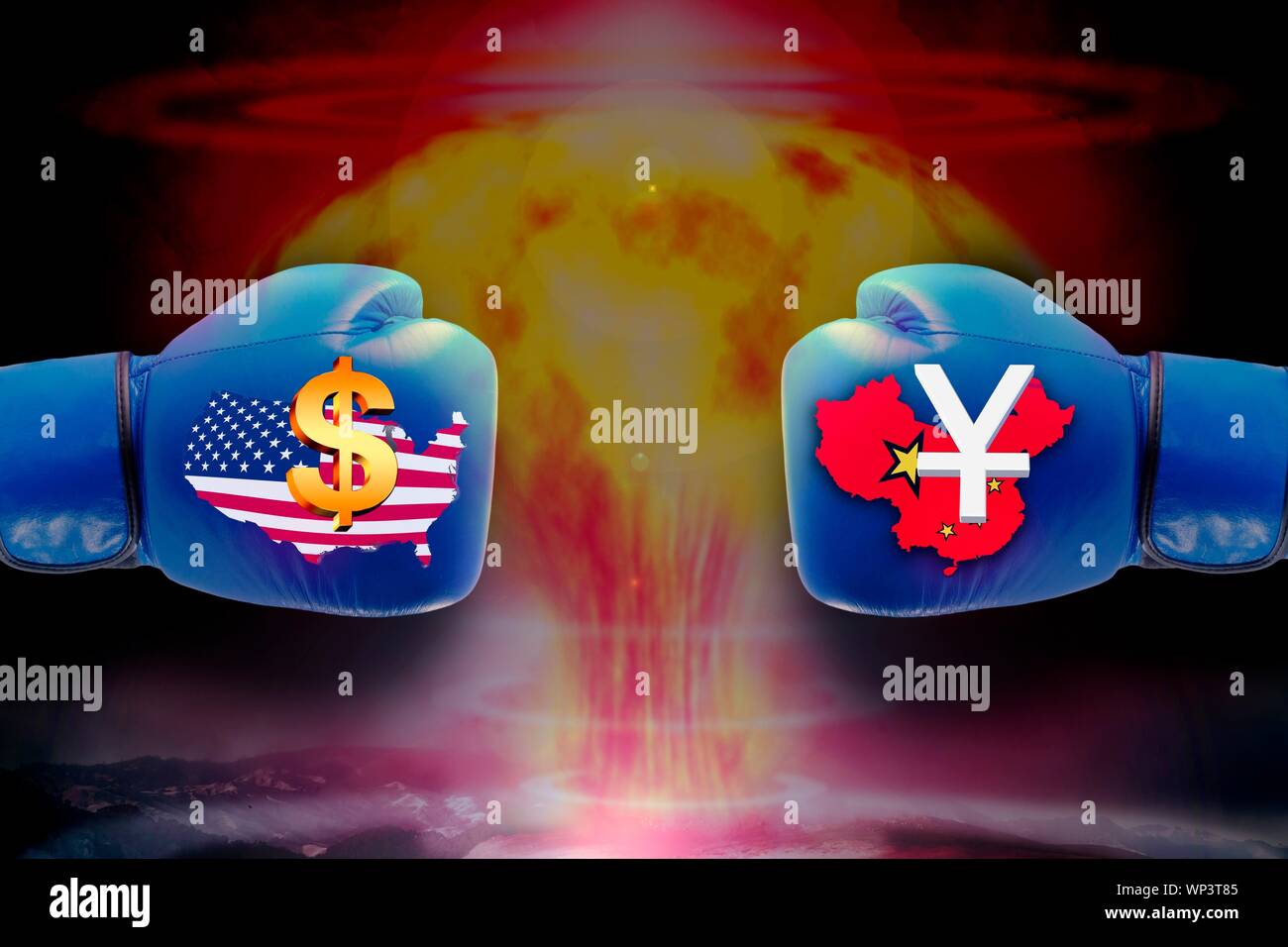 La composizione digitale, simbolo valuta immagine Guerra, guerra commerciale contro gli Stati Uniti e la Cina, i guantoni con la bandiera e il simbolo della valuta Yuan e dollaro, esplosione, Germania Foto Stock