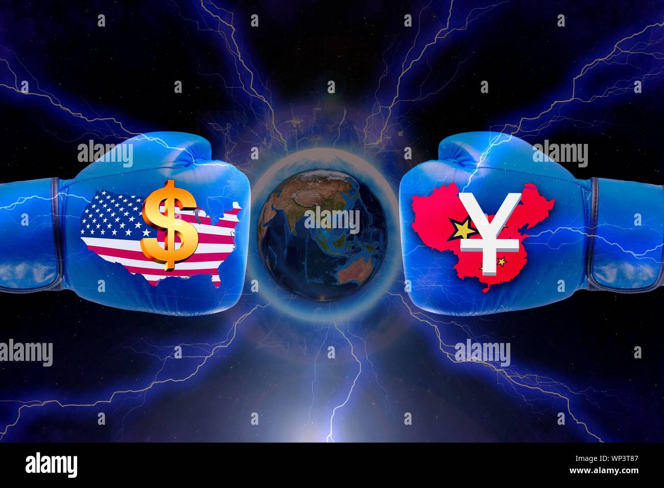 La composizione digitale, simbolo valuta immagine Guerra, guerra commerciale contro gli Stati Uniti e la Cina, i guantoni con la bandiera e il simbolo della valuta Yuan e dollaro, Globo mondo sotto Foto Stock