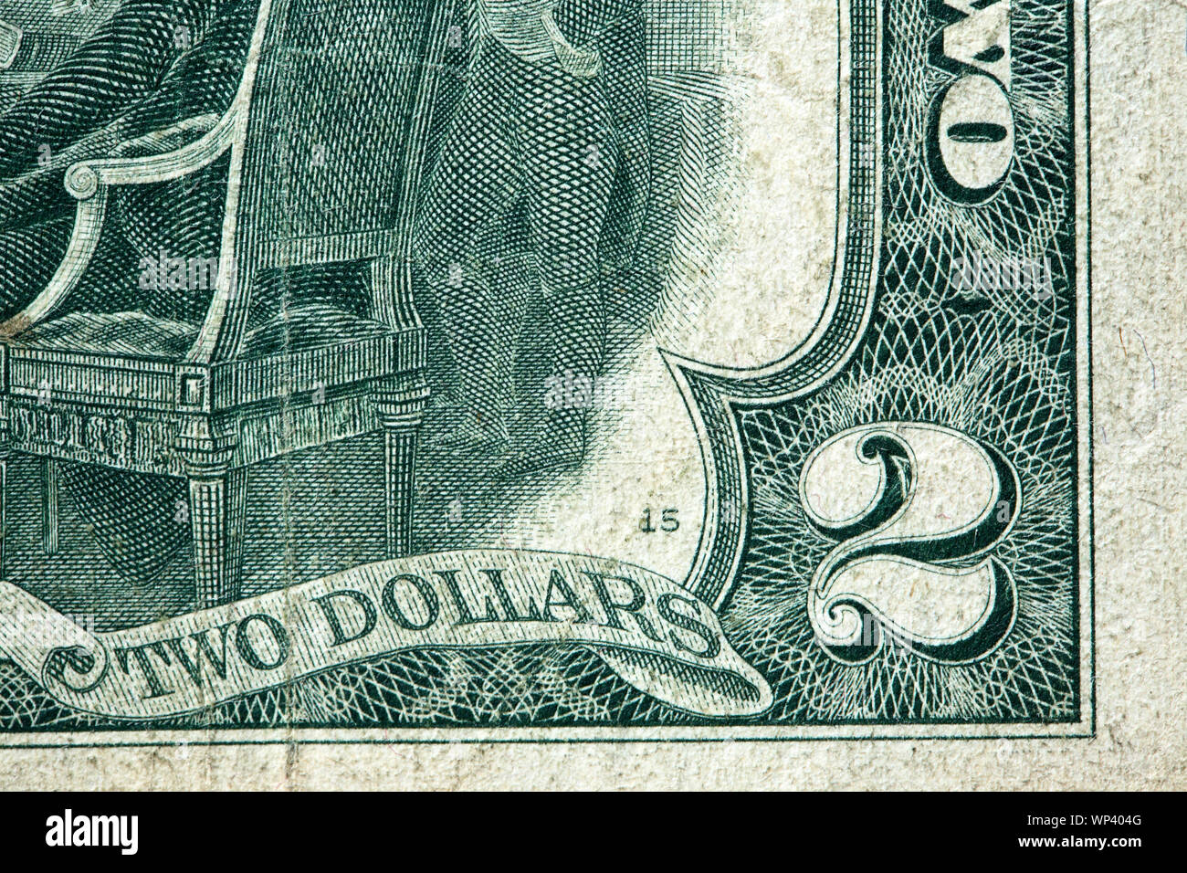 Frammento di due vecchi USA Dollaro banconota closeup estreme Foto Stock