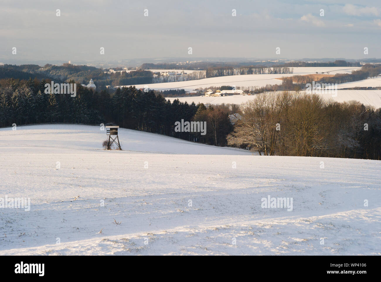 Romantico paesaggio invernale con la neve, macchie di alberi e Agriturismi in Austria Inferiore Foto Stock