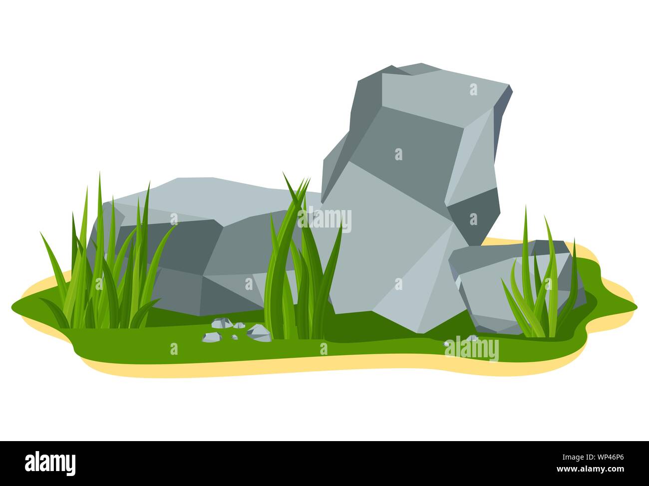 Pila di grande masso grigio pietre di roccia giacciono su un prato estivo Illustrazione Vettoriale