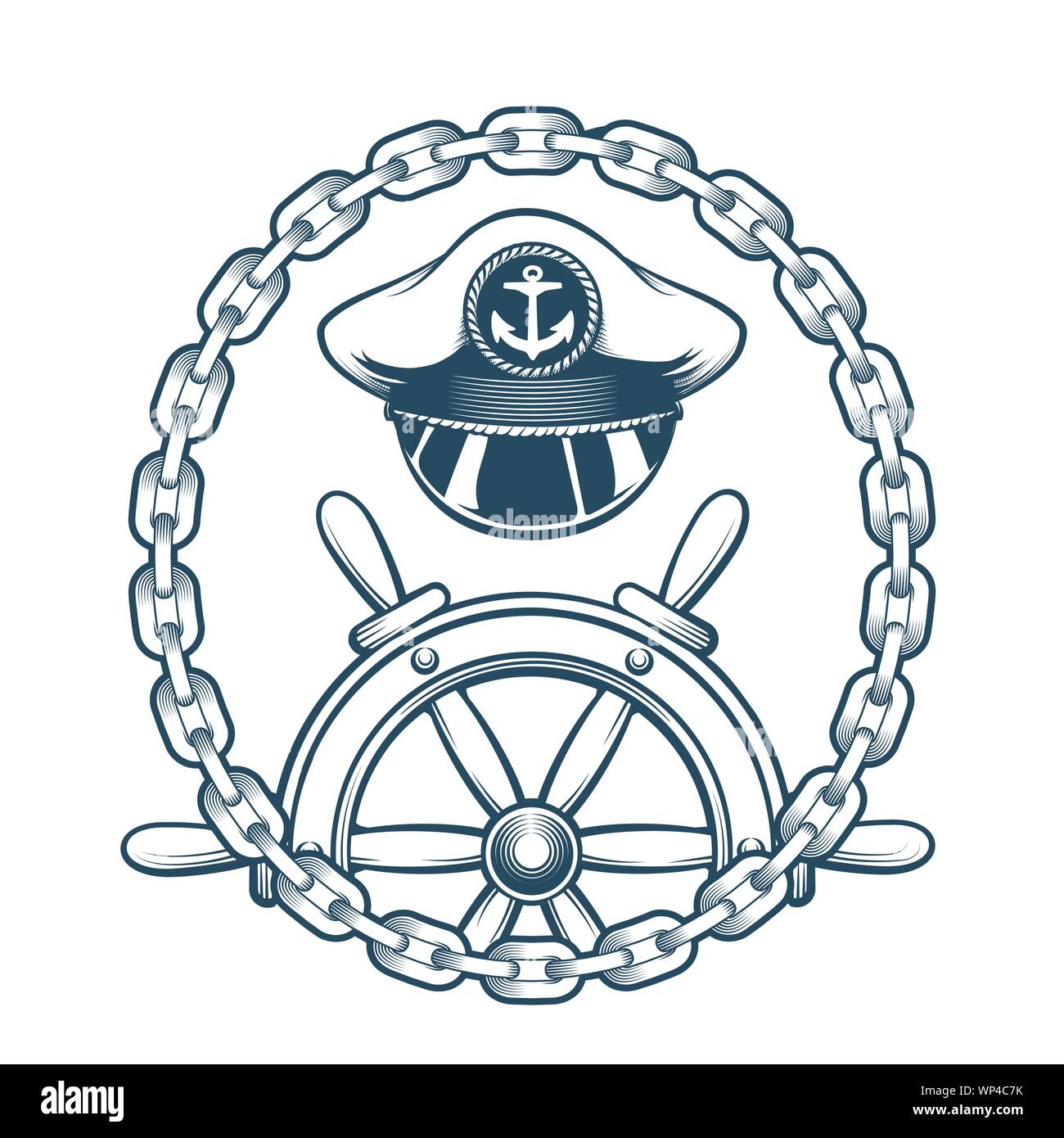 Capitano Hat e volante in cerchio di catene. Nautico inciso emblema. Illustrazione Vettoriale. Illustrazione Vettoriale