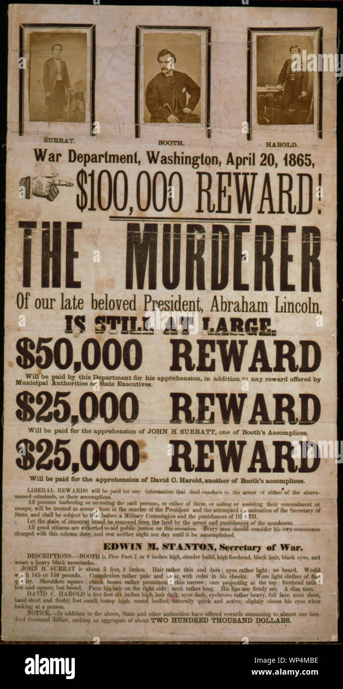 Giovanni documento Wilkes Booth manifesto wanted colore Foto Stock
