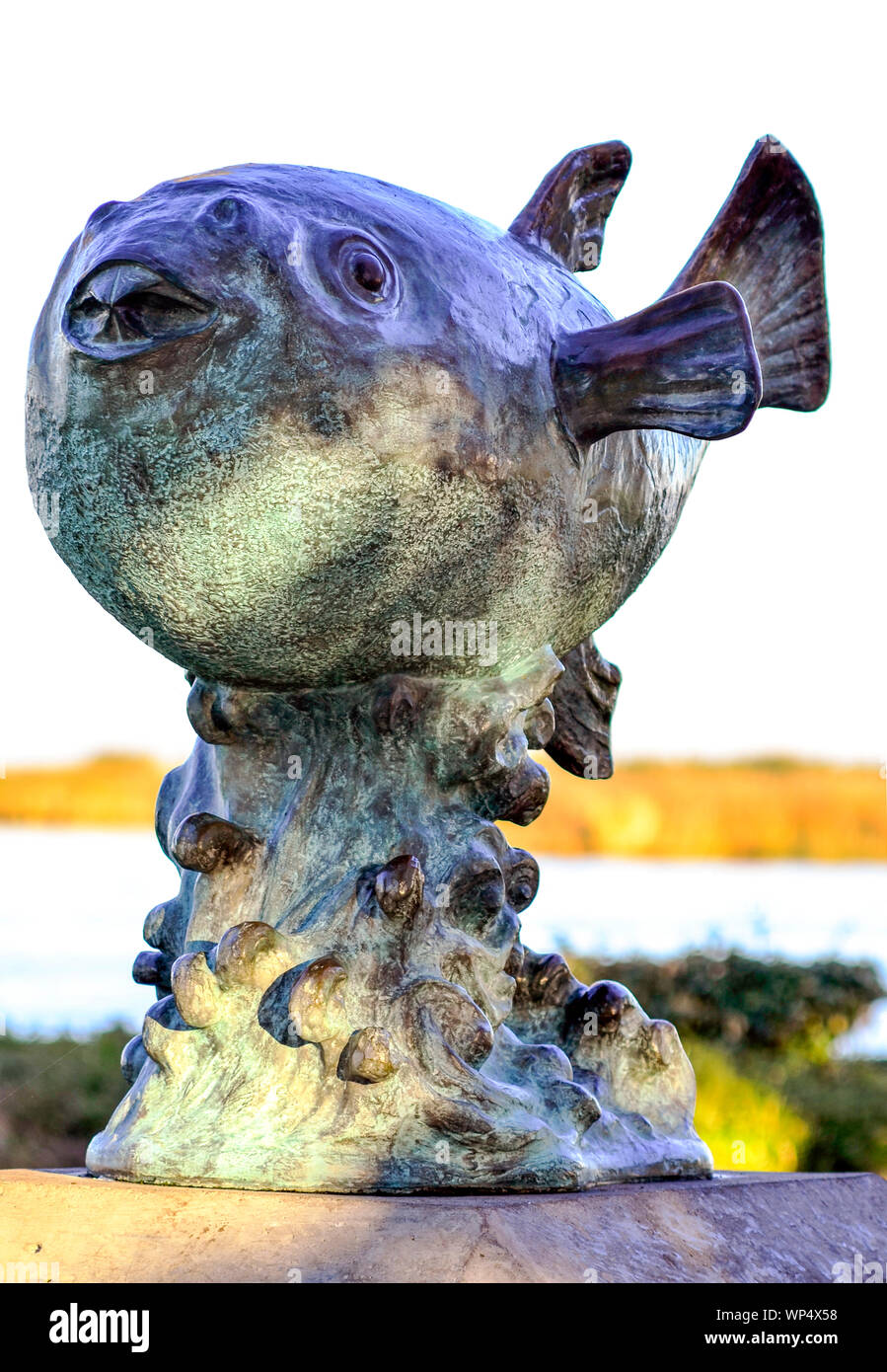La scultura in bronzo di un pesce fugu, un dono dalla città sorella Shiminoseki, Giappone a Pittsburg, California USA. San Joaquin River in background. Foto Stock