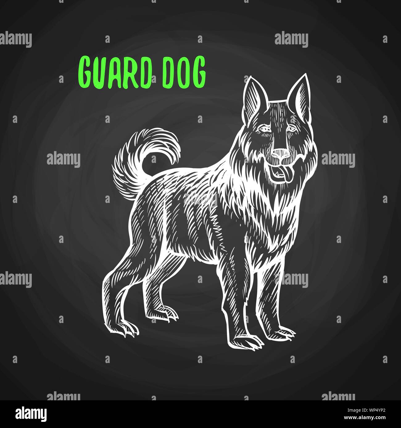 Cane da guardia nello stile di gesso su una lavagna. Illustrazione Vettoriale di cane da guardia Illustrazione Vettoriale