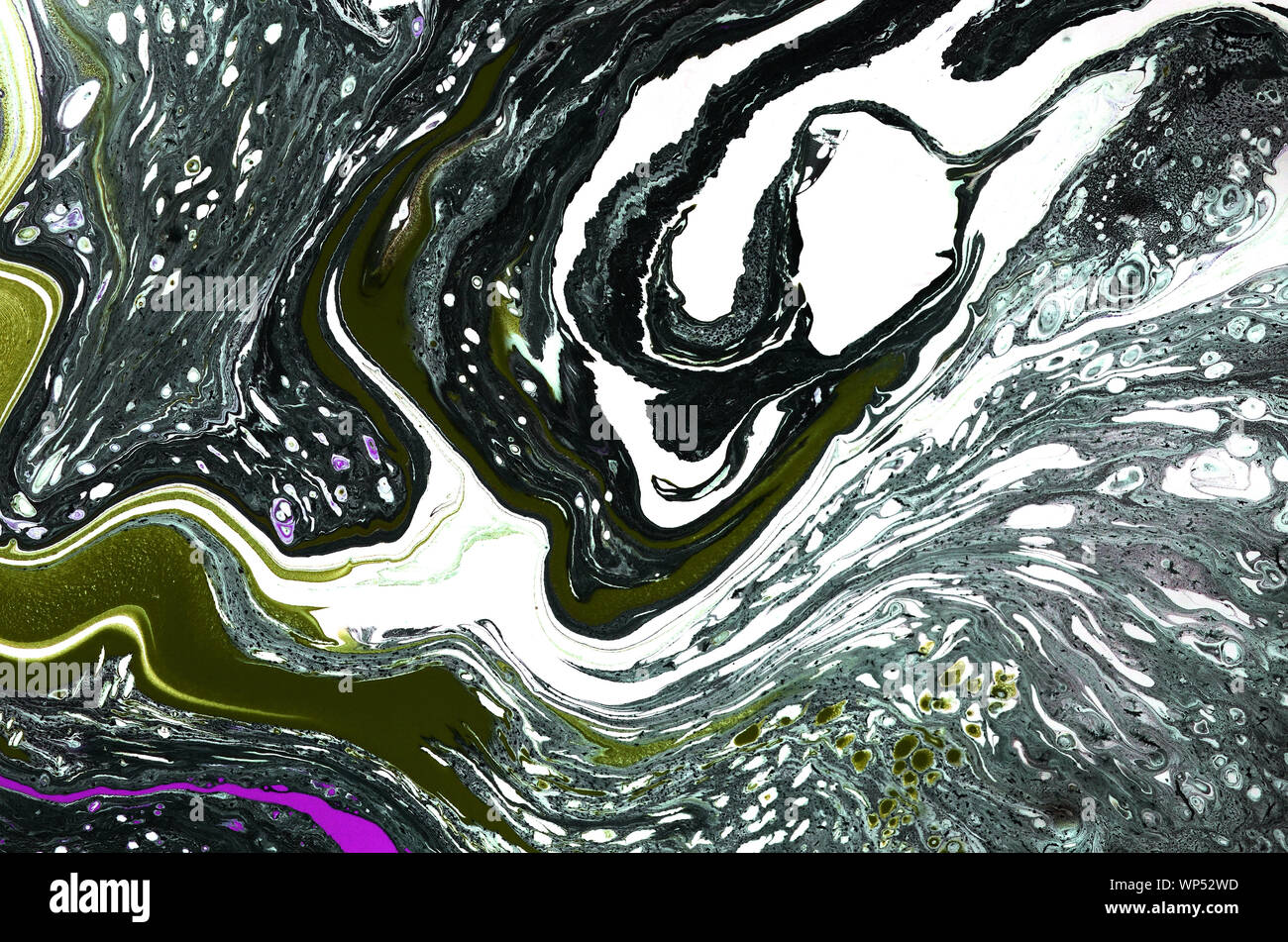 Abstract grungy verde lime, luce blu e grigio scuro colorato disegnato a mano olio acrilico macchie di vernice con macchie, strisce curve e macchie su tela tex Foto Stock