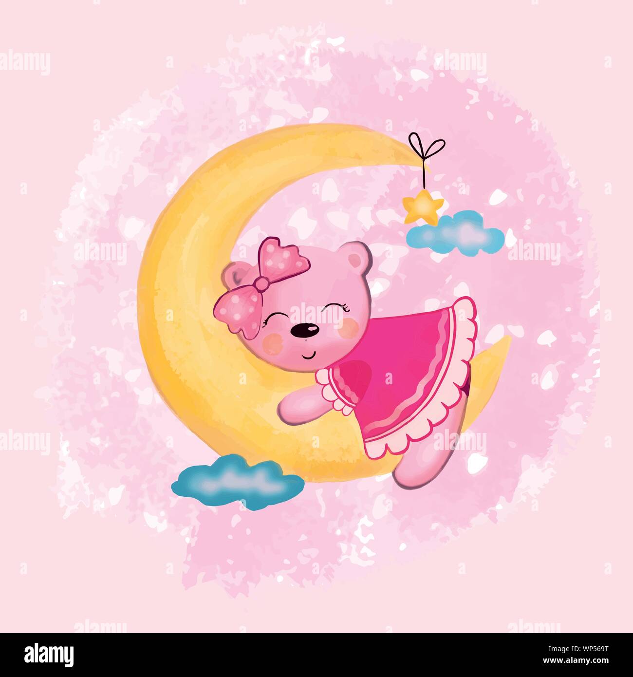 Illustrazione vettoriale di un animale ragazza bear dormire su una falce di luna in Cielo tra le nuvole in colore rosa Illustrazione Vettoriale