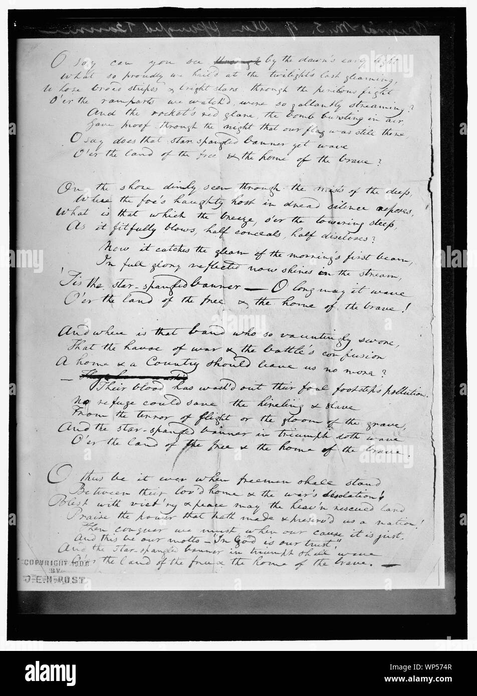 Chiave, Francis Scott. Manoscritto originale di 'STAR LAMAS INTESTAZIONE' Foto Stock