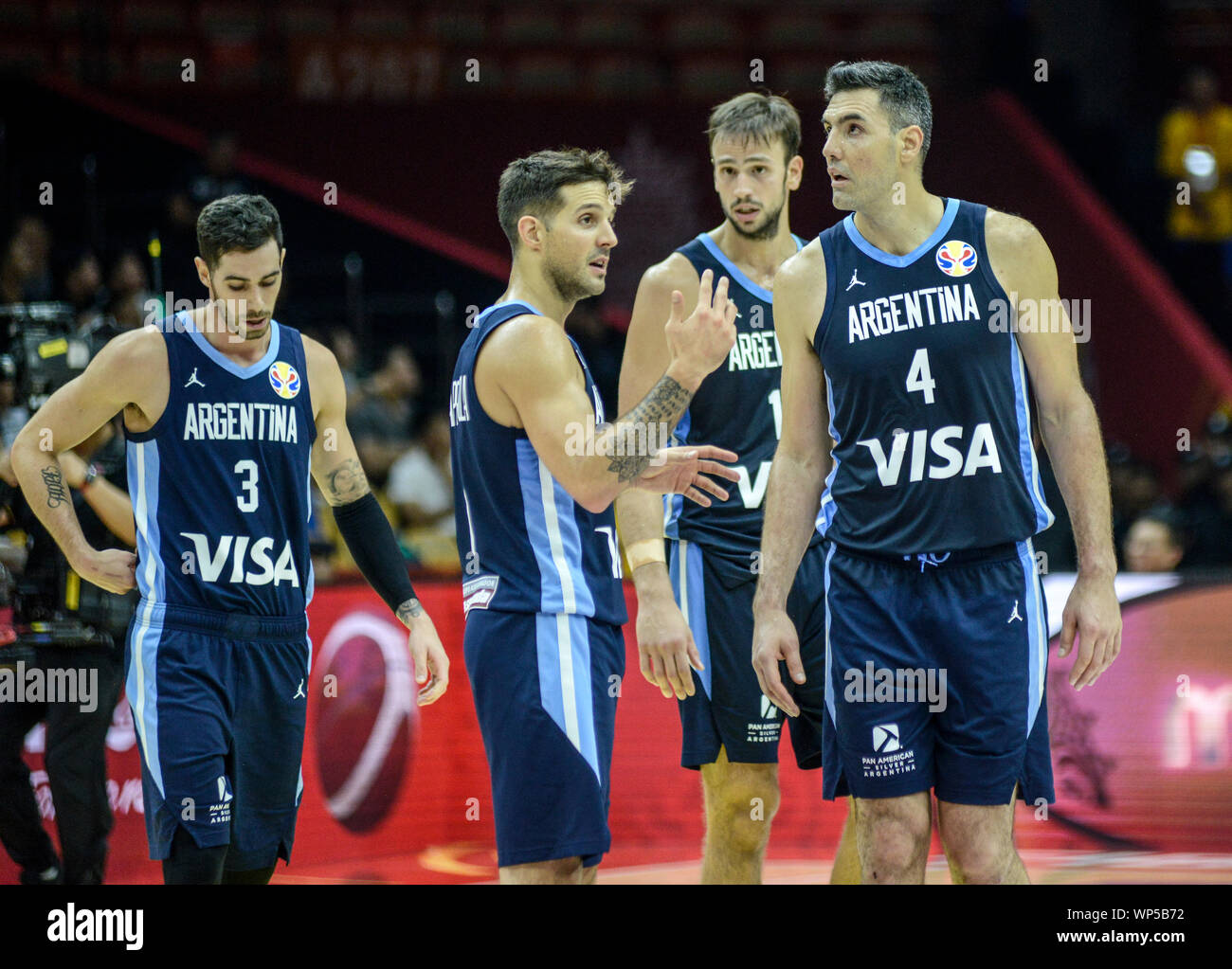 Nazionale Argentina giocatori di squadra Luis Scola, Nicolas Laprovittola, Marcos Delía e Luca Vildoza. Pallacanestro FIBA World Cup Cina 2019. Primo Round Foto Stock