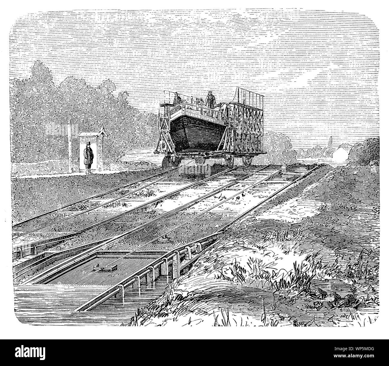 Nave sulle ferrovie, trasporti terrestri a Eilblag canale o canale di montagna costruito ed inaugurato nell'anno 1860 nella Prussia regno Foto Stock