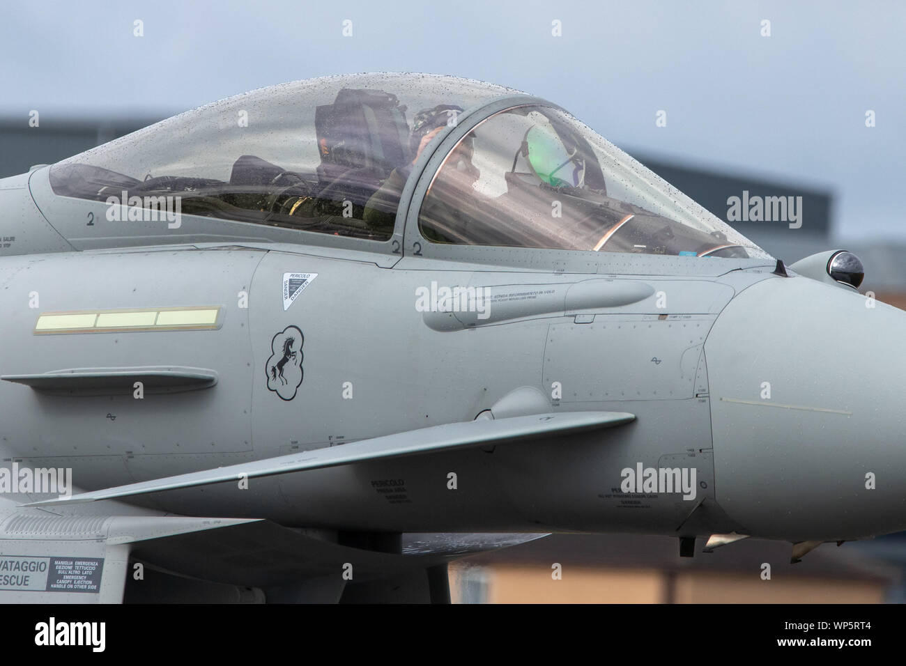 Primo piano del cockpit di un Italiano Eurofighter Typhoon visto a RAF Waddington il 4 settembre 2019. Foto Stock