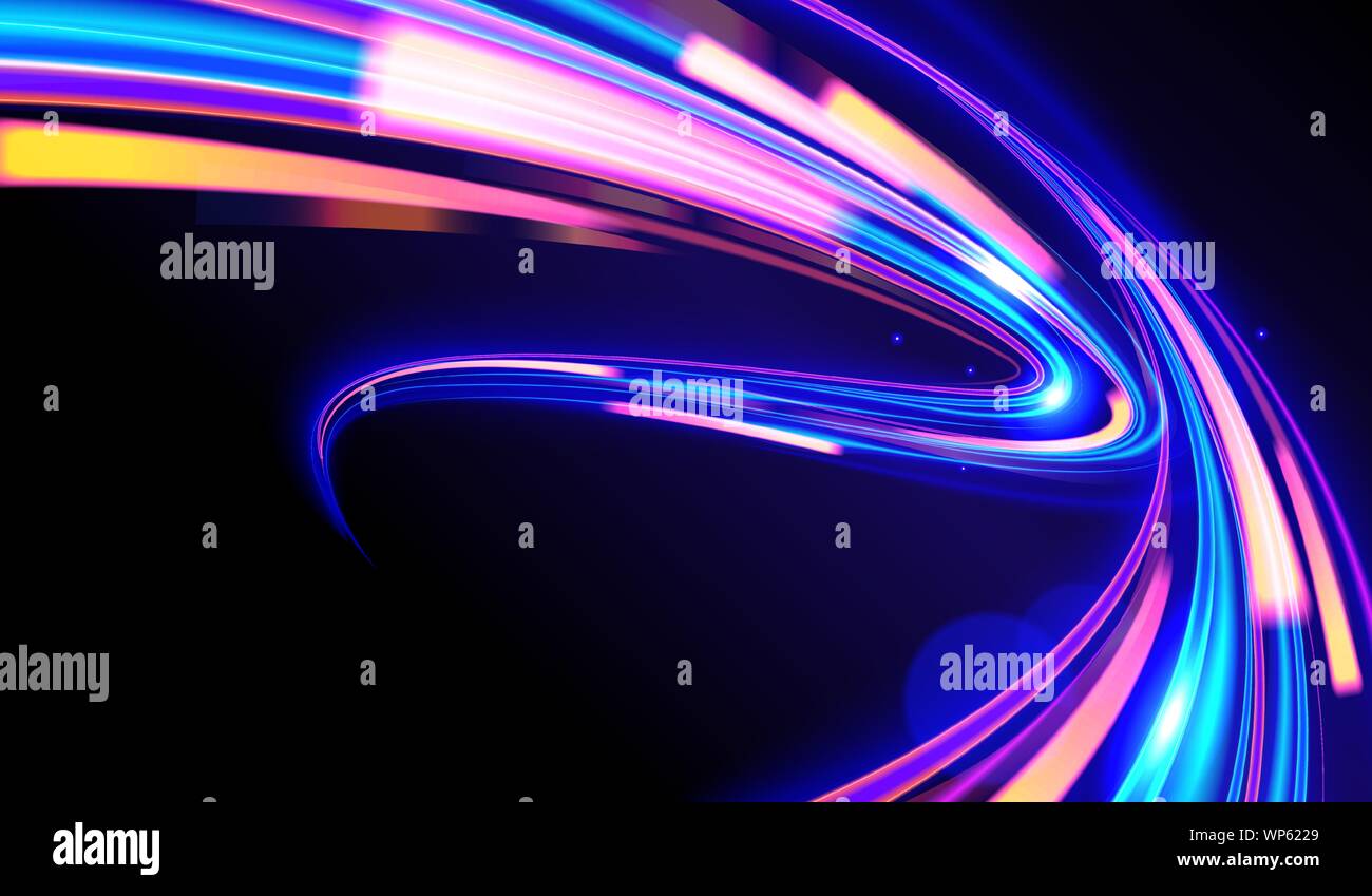 Un avveniristico illustrazione nel vettore di luce sentieri nel cyberpunk, la velocità della luce effetto, Otturatore lento, notte di URBAN. Illustrazione Vettoriale