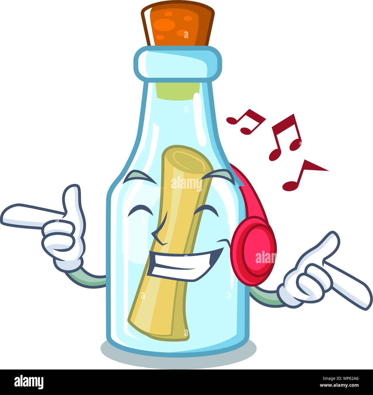 Ascolto di musica messaggio in bottiglia su un carattere Illustrazione Vettoriale