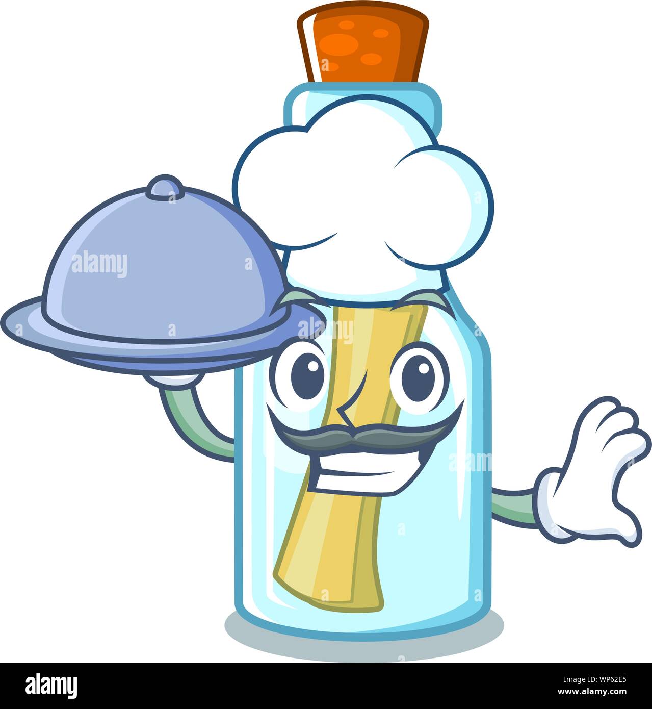 Lo Chef con il cibo messaggio in bottiglia su un carattere Illustrazione Vettoriale