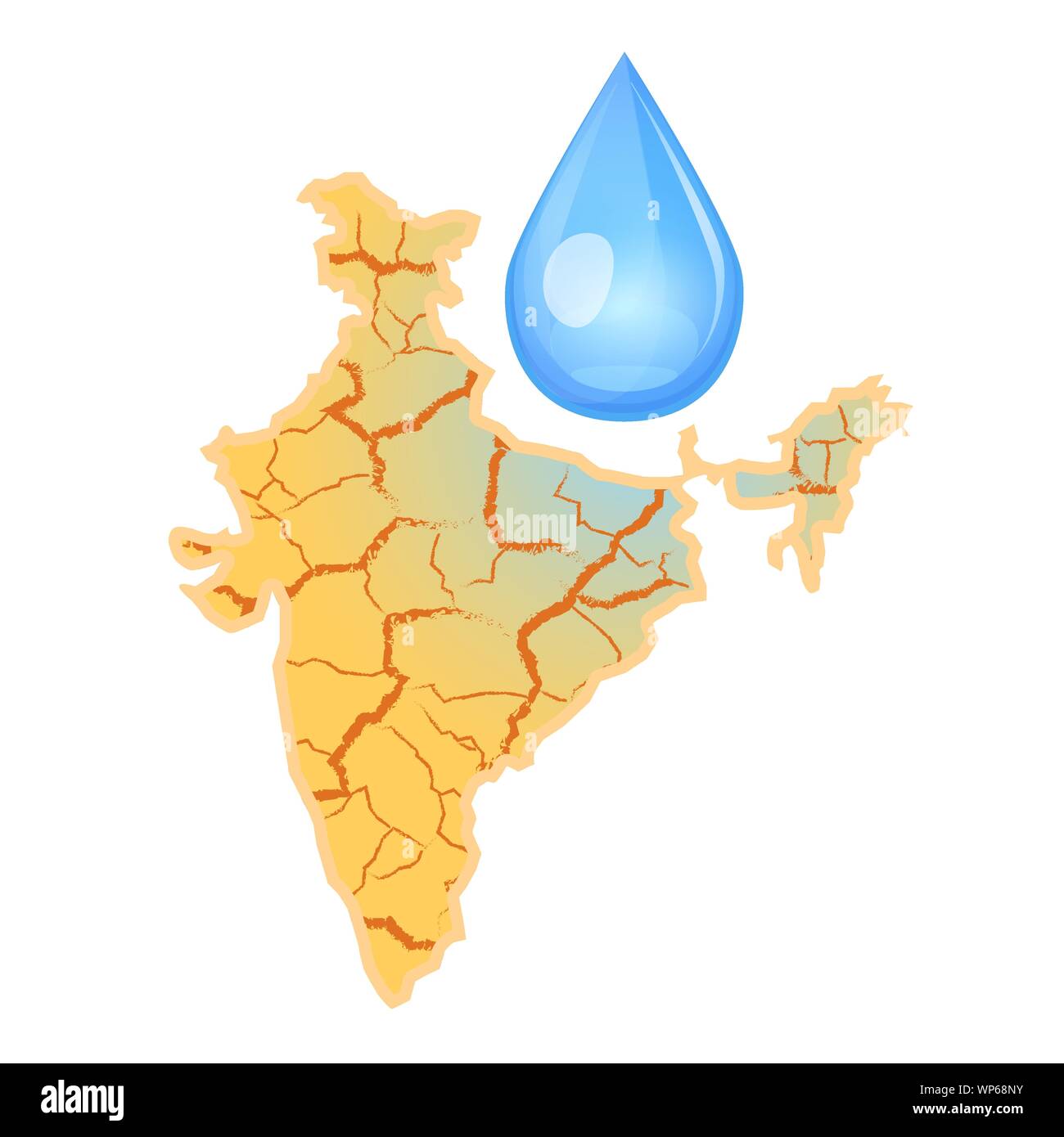 L'India ha bisogno di acqua. La carenza di acqua concetto. Siccità in India e una goccia d'acqua. Illustrazione Vettoriale, isolato su sfondo bianco. Illustrazione Vettoriale