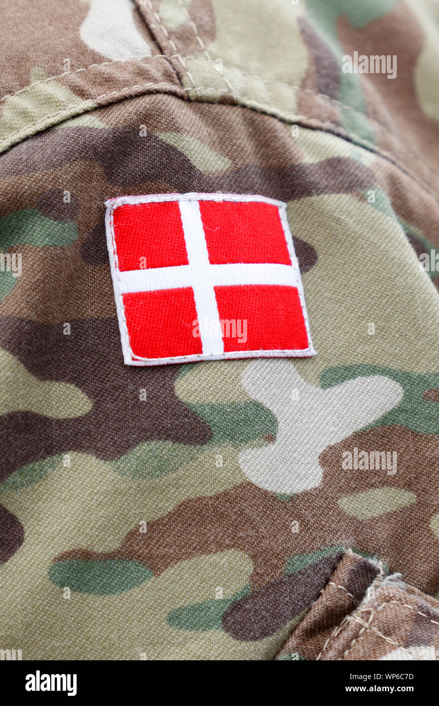 Close up danese tunica uniforme con la bandiera nazionale. Foto Stock