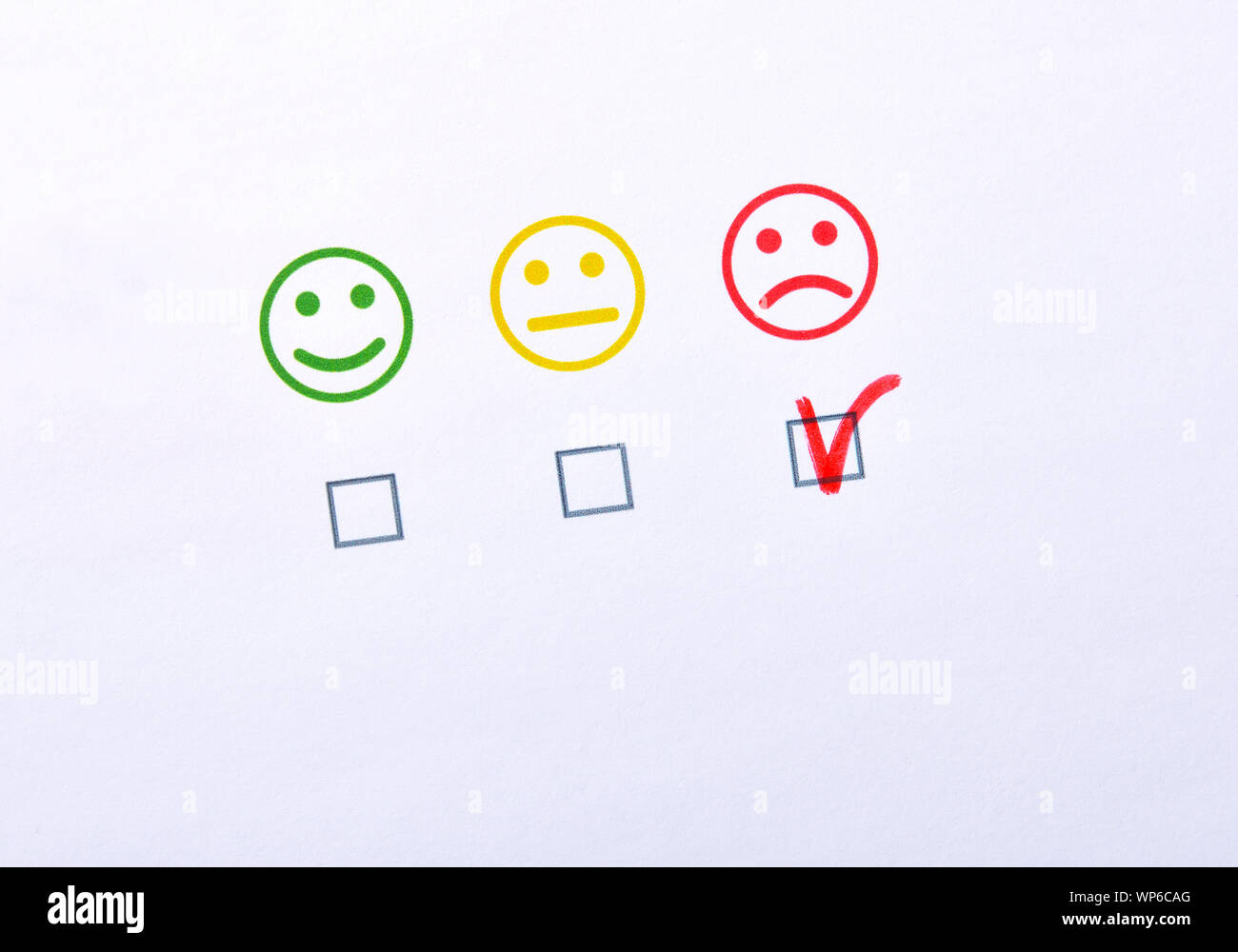 Marcatura a mano un livello di soddisfazione negativa rappresentata con tre Emoticon colorate su carta bianca. Composizione orizzontale. Vista dall'alto. Foto Stock