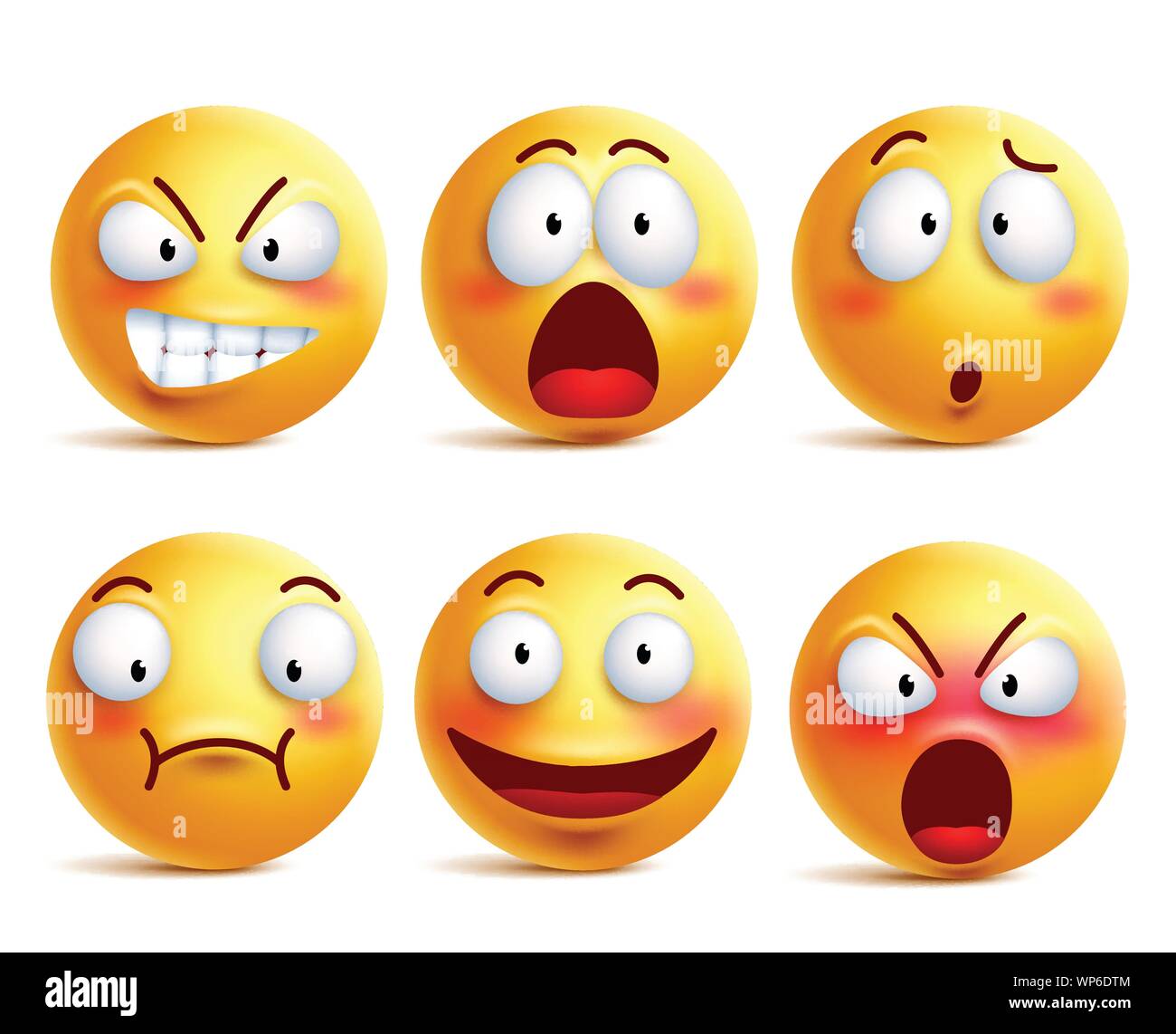 Vettore di smileys set. Smiley face o emoticon giallo con le espressioni del viso e di emozioni come felice, gridando, confuso e sconvolto isolato in bianco Illustrazione Vettoriale