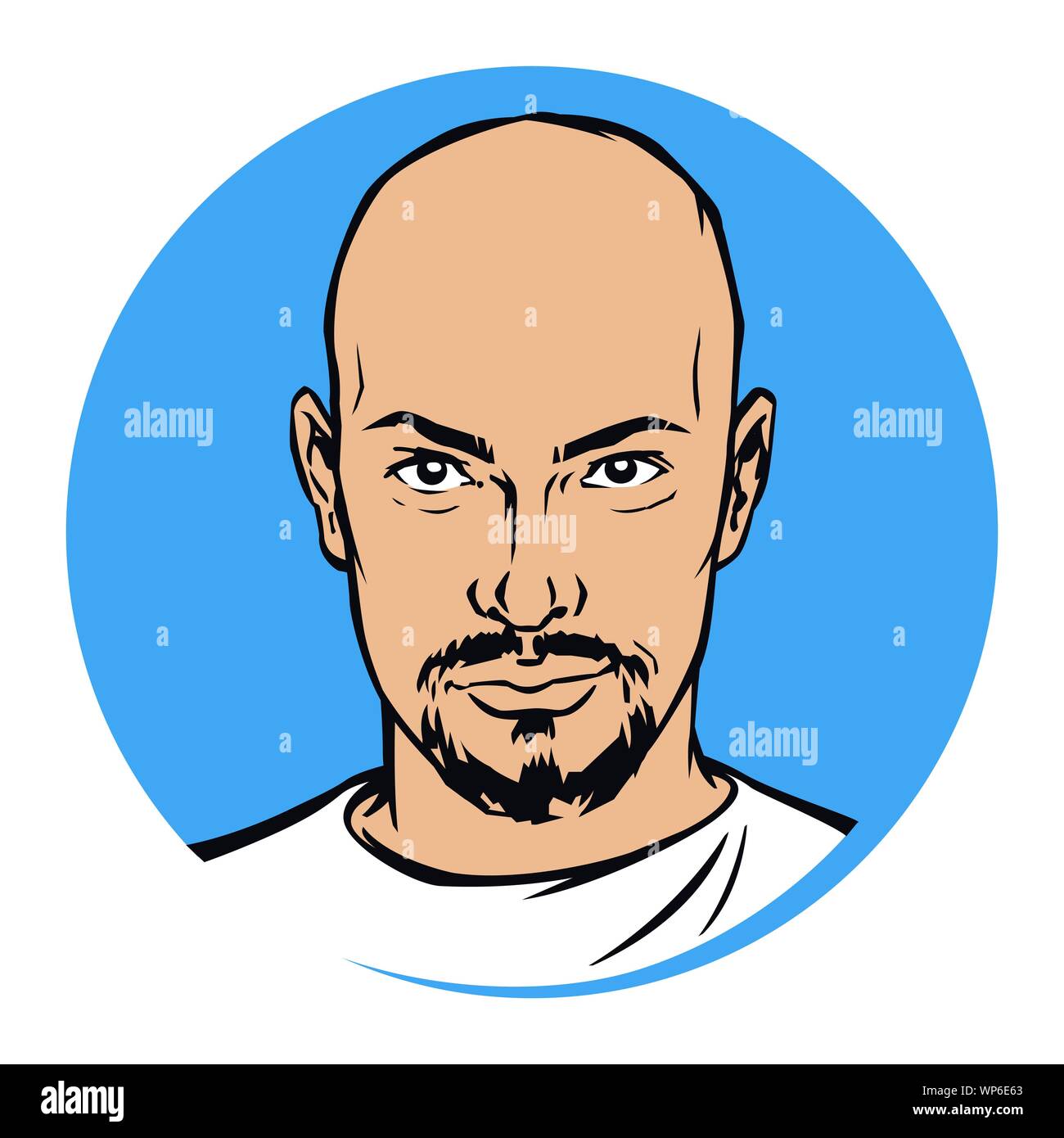 Illustrazione di un uomo calvo con la barba. Vettore. Moda brutale maschio alfa. Mascotte per un salone di bellezza, studio. Moderna immagine maschio. Illustrazione Vettoriale