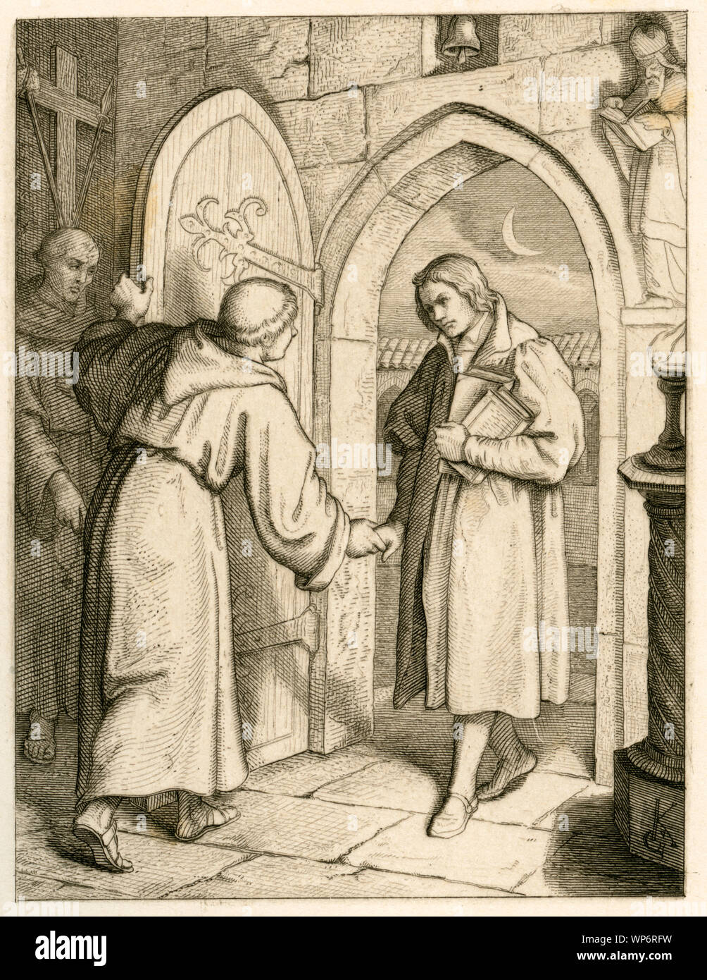 Europa, Deutschland, Martin Lutero geht in das Kloster der Augustiner-Eremiten a Erfurt, am 17. Juli 1505. Illustrazione aus : ' Il dottor Martin Lutero der deutsche Reformator ' , in bildlichen Darstellungen von Gustav König . Verlag Rudolf Besser, Gotha, 1850er Jahre. / Europa, Germania, Martin Lutero entrato in un monastero agostiniano di Erfurt, 10. 07. 1505 . Illustrazione da : ' Il dottor Martin Lutero il riformatore tedesco ' , illustrato da Gustav König, pubblicato da Rudolf Besser, Gotha, 1850th. Foto Stock