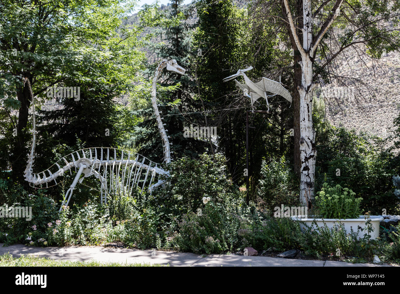 Terra e Aria-basato i dinosauri, o almeno i loro scheletri, cavort in un giardino nel nuovo castello, Colorado Foto Stock