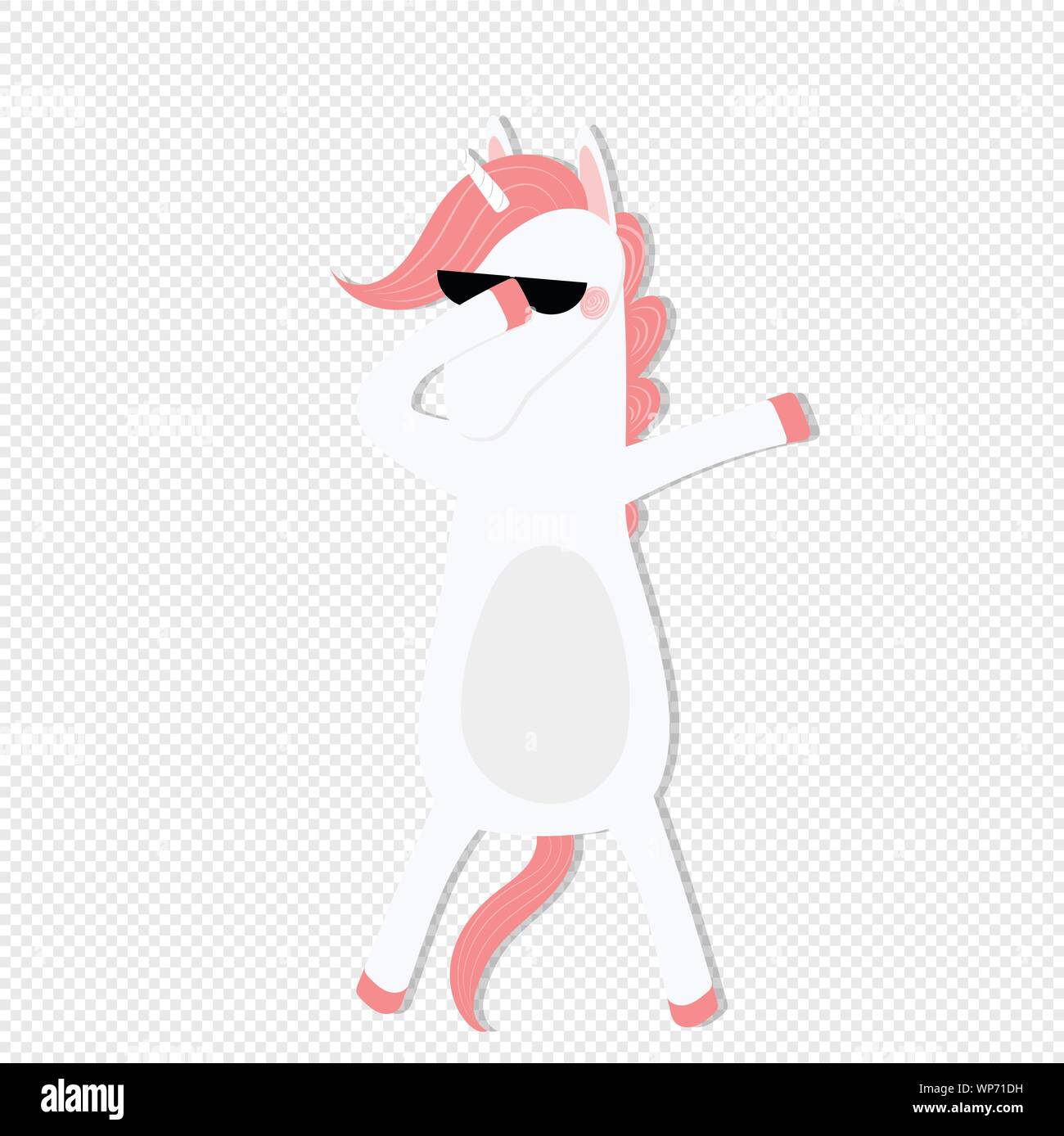 Unicorn dab isolati su sfondo bianco, cute animale con rosa mane dance in occhiali da sole. Cavallo divertente discoteca design t shirt, compleanno baby show Illustrazione Vettoriale