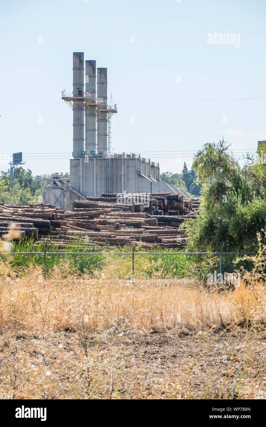 Un grande mulino di legname nel sud della Oregon con tre grandi pile di fumo e plles di tronchi di alberi pronti per l'elaborazione in primo piano. Foto Stock