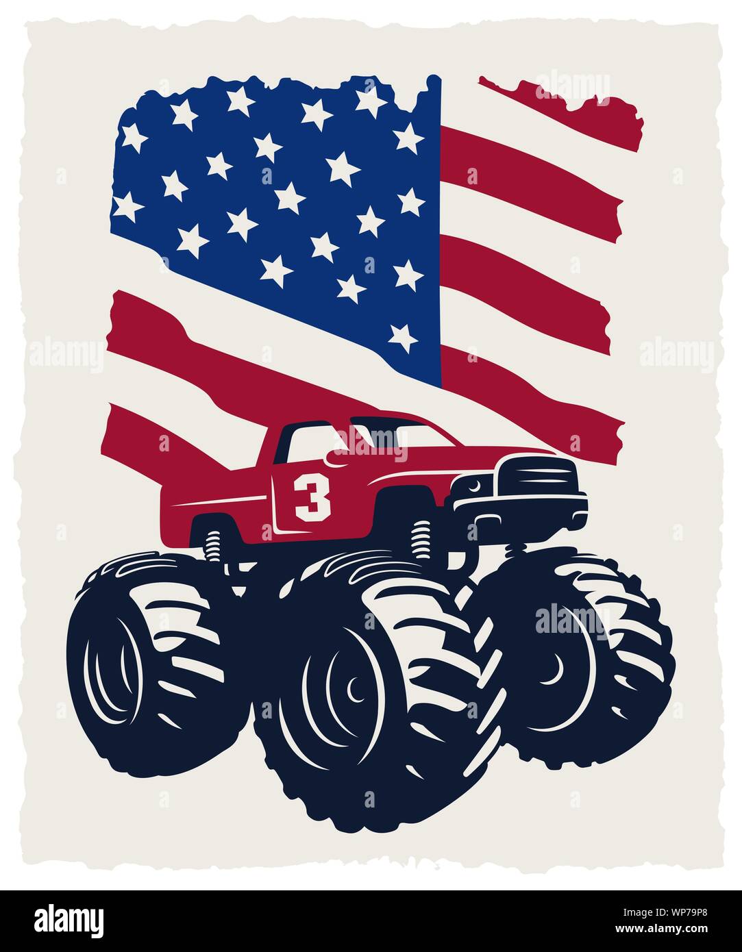 Monster Truck e bandiera degli Stati Uniti. Vintage illustrazione vettoriale con texture grunge Illustrazione Vettoriale