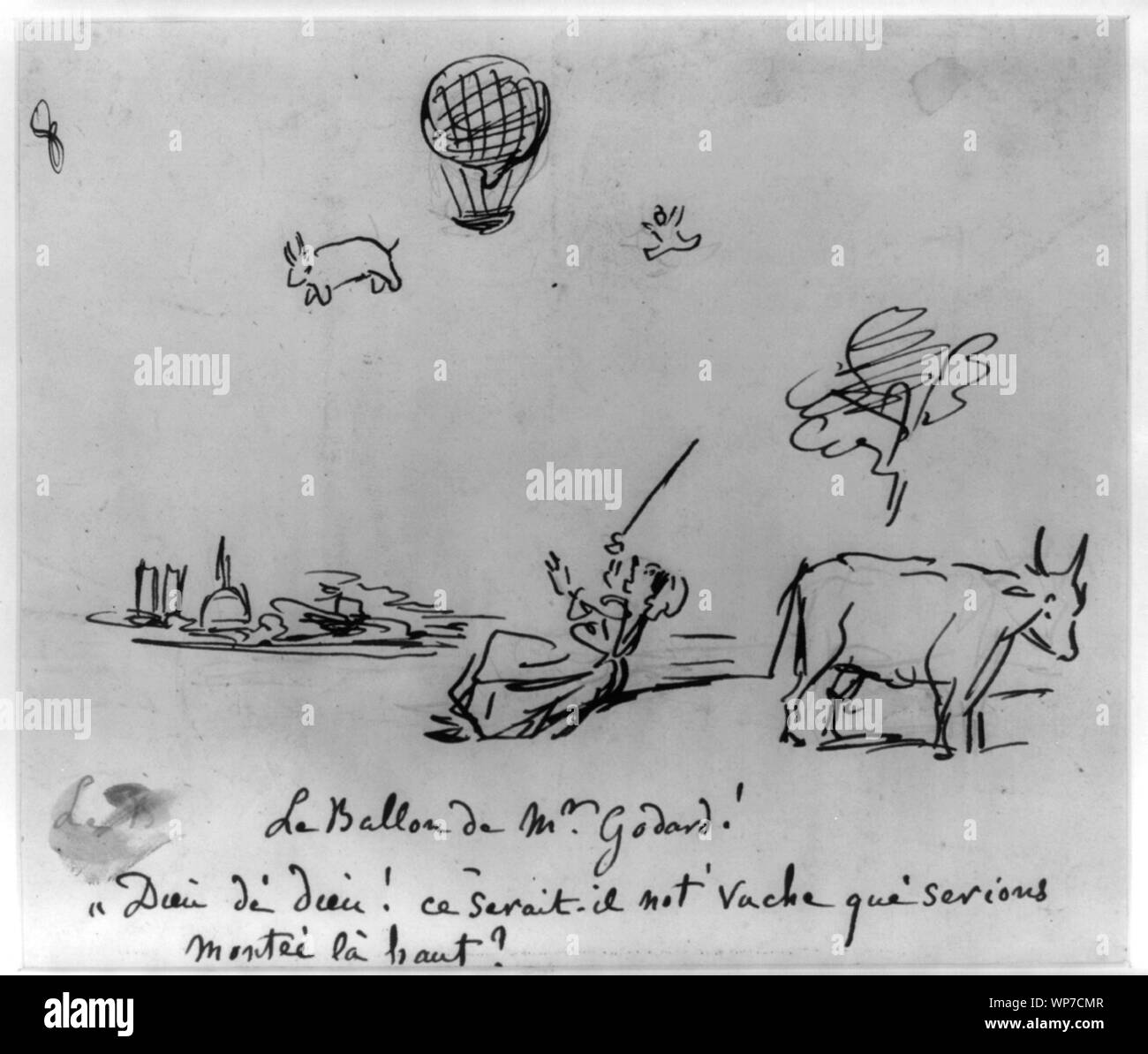 Le ballon de Il Sig. Godard!; Disegno Umoristico mostra una donna rivolta verso l'alto nella sorpresa a una mucca e persona apparentemente cadendo da un palloncino associati a Godard con esperimenti con accendisigari-di-volo aereo. Un altro cow sorge nelle vicinanze.; Foto Stock