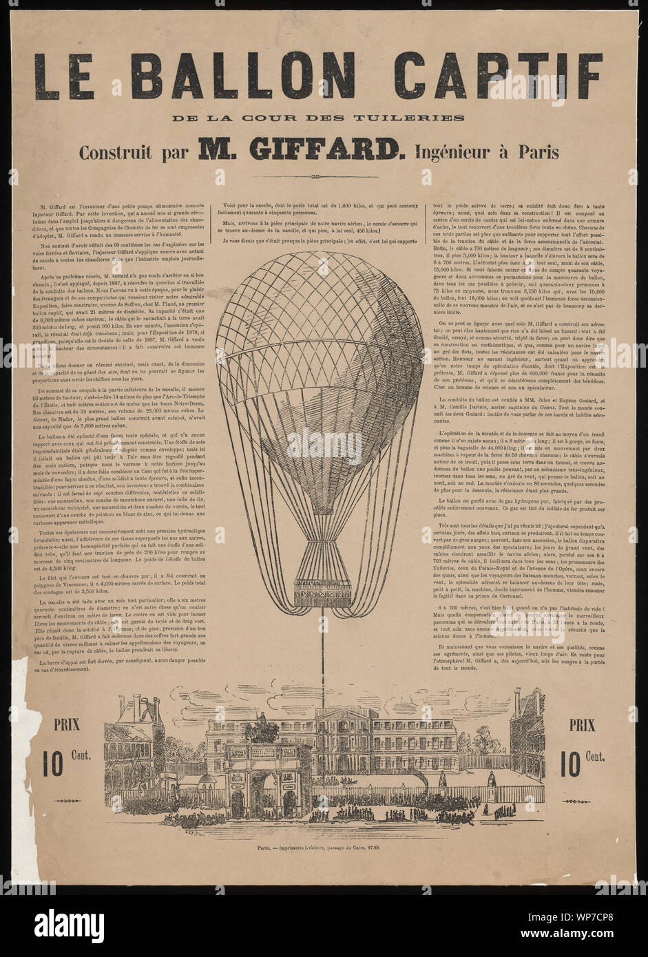 Le ballon captif de la cour des Tuileries, construit par M. Giffard, ingénieur à Paris; costeggiata annunciando quello di Henri Giffard della balloon ascensioni nel 1878 e 1879 dal cortile delle Tuileries a Parigi. Include le foto del pallone frenato floating sopra il cortile.; Foto Stock