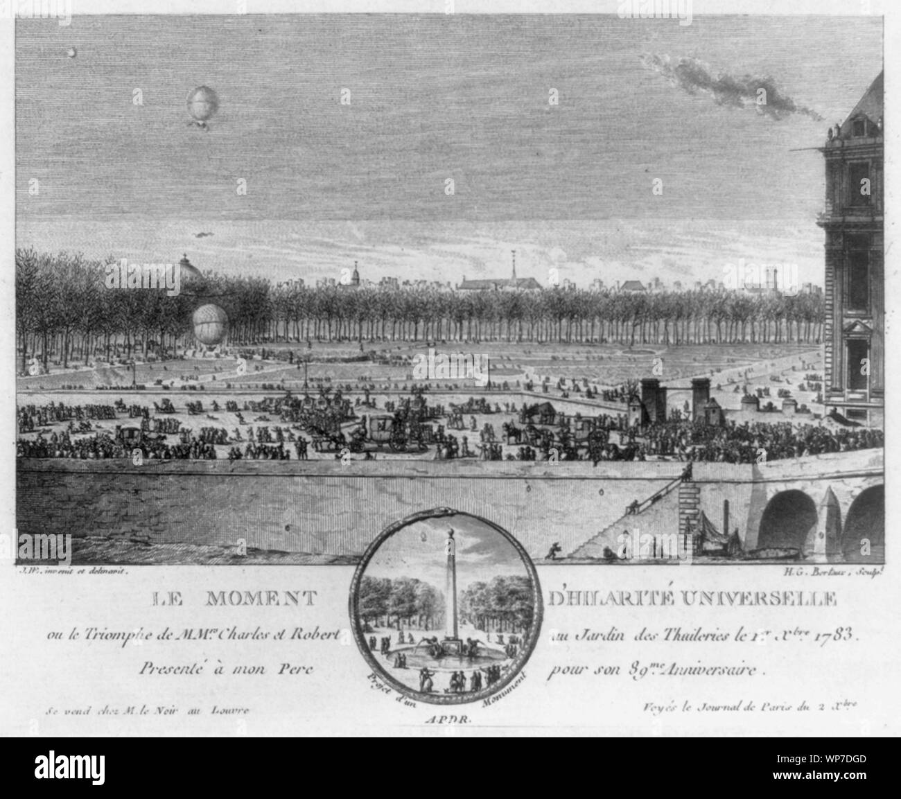 Le momento d'hilarité universelle ou Le Triomphe de MMrs. Charles et Robert Au Jardin des Thuileries le 1er Xbre 1783; stampa mostra il palloncino di Jacques Alexandre César Charles e Robert Marie-Noël ascendenti dal Giardino delle Tuileries, Parigi, Francia, 1 dicembre 1783 nel primo palloncino di idrogeno volo. Il riquadro mostra il monumento proposto. (Fonte: A.G. Renstrom, LC personale, 1981-1982.); Foto Stock