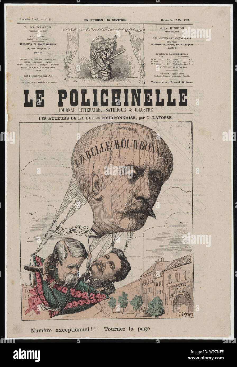 Les auteurs de la belle Bourbonnaise; francese caricatura mostra due uomini in un palloncino a forma di cesto come un tri-corner hat attaccato ad un palloncino con il volto di un uomo (eventualmente statista italiano Francesco Crispi) marcata La belle Bourbonnaise per un 1874 opera comica da Ernest Dubreuil e H. Chabrillet, con musica da Auguste Coedes.; Foto Stock