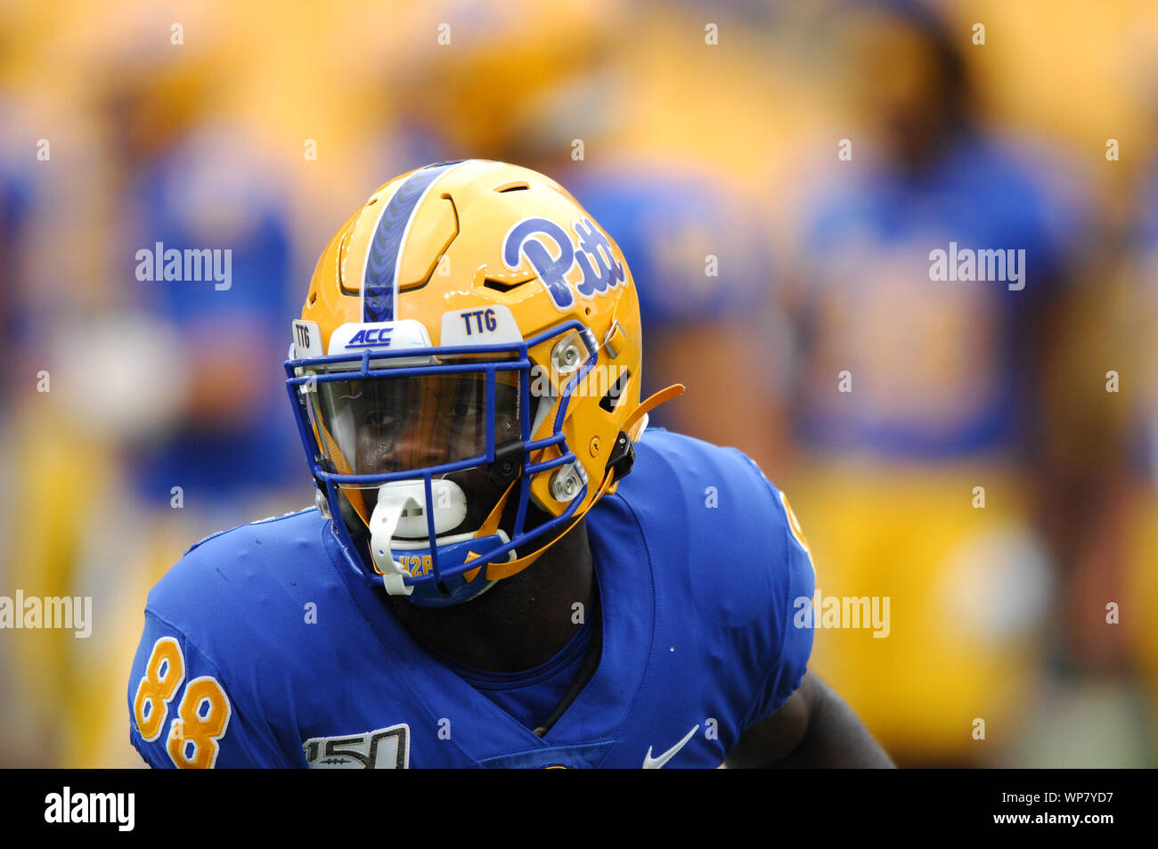 Pittsburgh, PA, Stati Uniti d'America. 7 Sep, 2019. Dontavius Butler-Jenkins #88 durante il Pitts Panthers vs Ohio Bobcats a Heinz Field di Pittsburgh, PA. Jason Pohuski/CSM/Alamy Live News Foto Stock