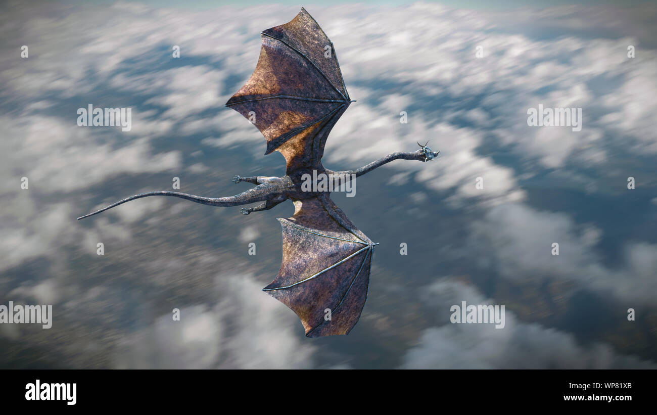 Fast flying dragon, leggendaria creatura verde in alto sopra la terra Foto Stock