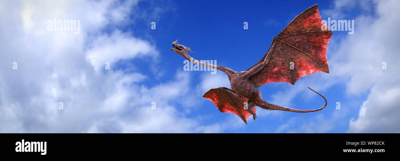 Drago, leggendaria creatura rossa volare attraverso l'aria Foto Stock