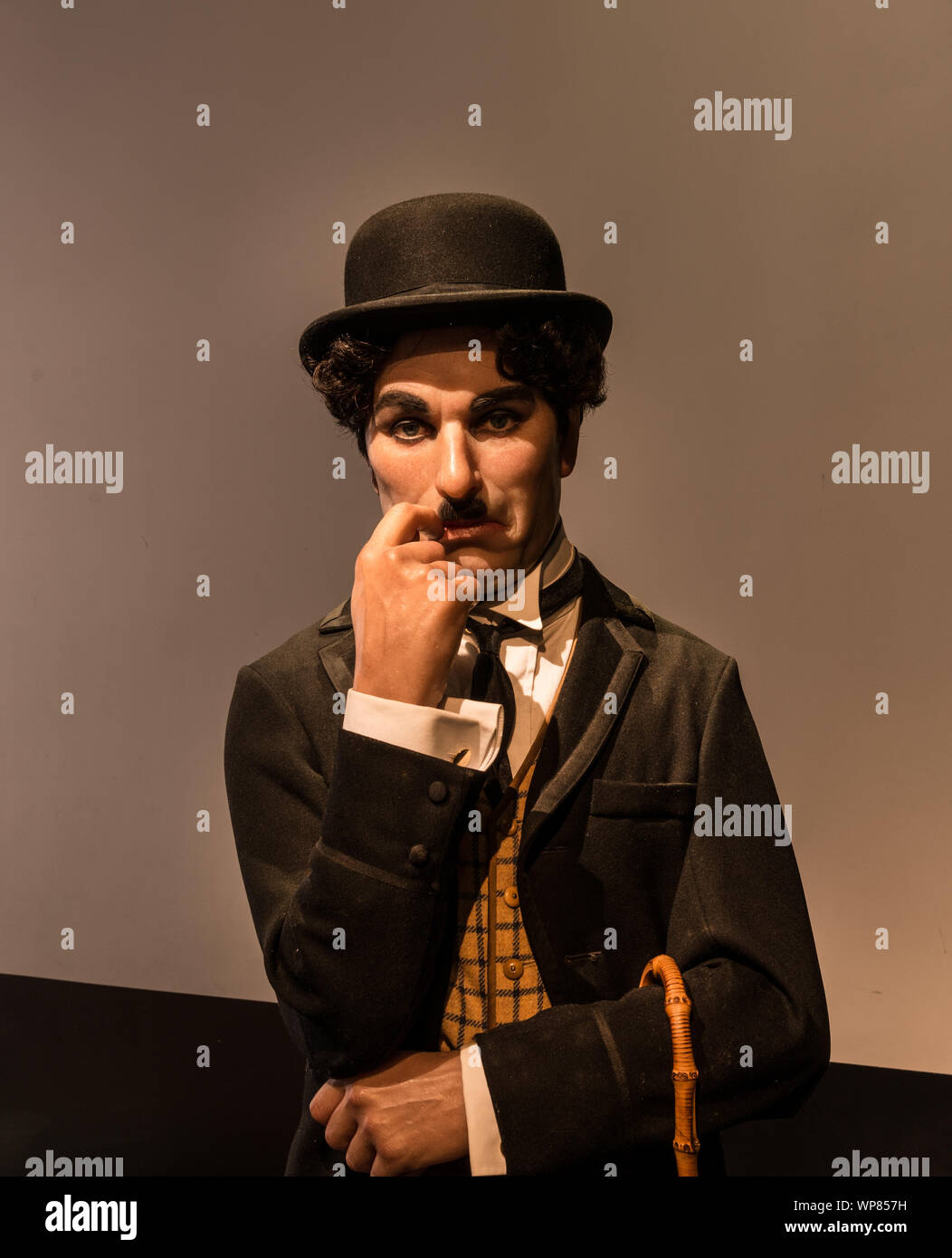 La somiglianza del film muto star Charlie Chaplin al museo delle cere di Madame Tussaud nella sezione di Hollywood di Los Angeles in California Foto Stock