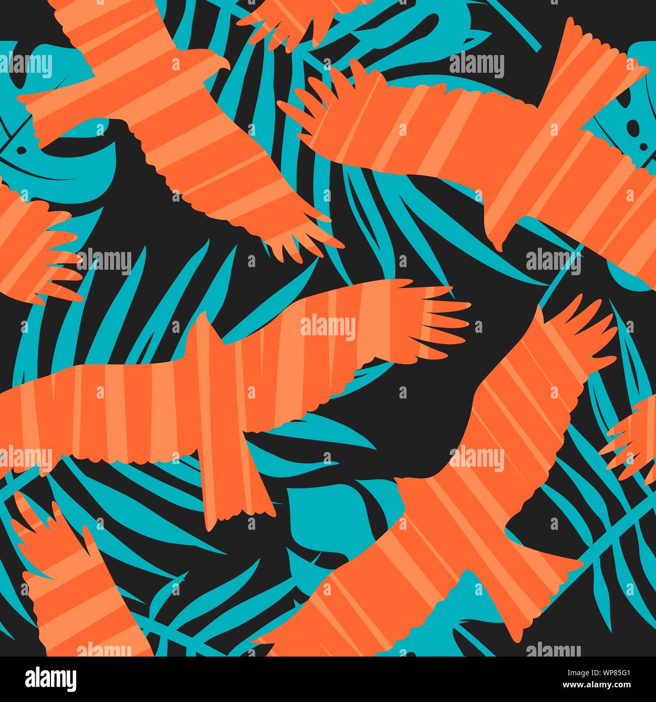 Modello senza cuciture con uccelli in volo e foglie tropicali. Abstract sfondo vettoriale Illustrazione Vettoriale