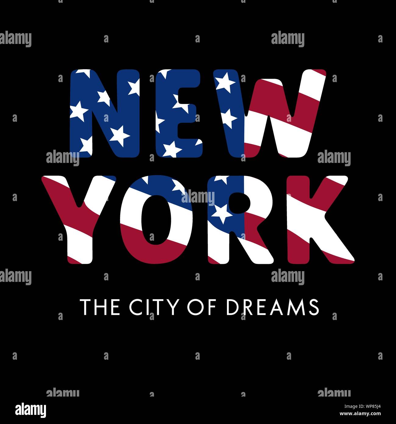 Bandiera degli Stati Uniti New York City la tipografia per t-shirt design. Illustrazione Vettoriale con bandiera americana e calligrafia scritte Illustrazione Vettoriale