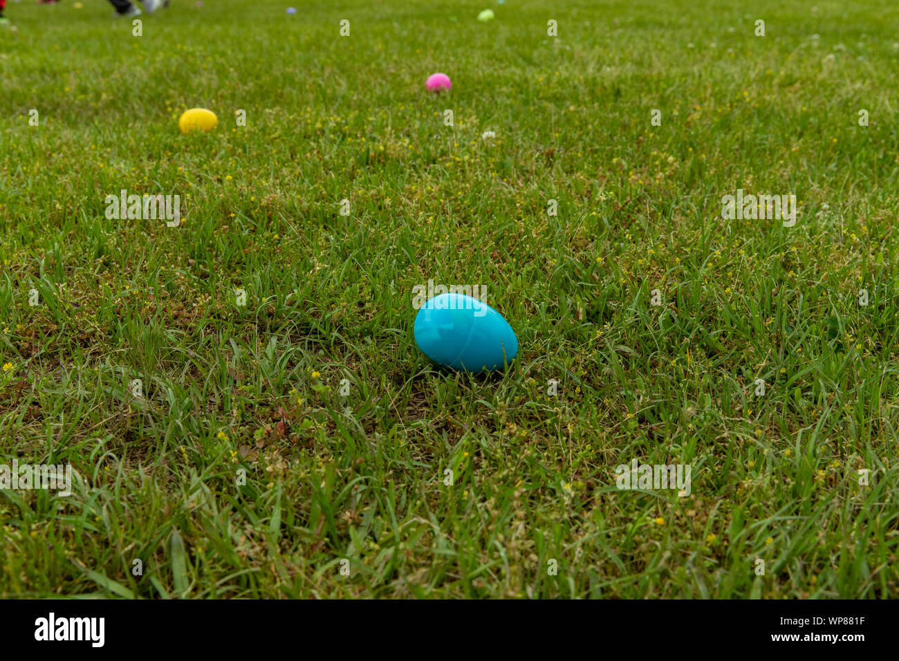 Close up di uova di Pasqua nel campo in erba, con copia spazio per il testo Foto Stock