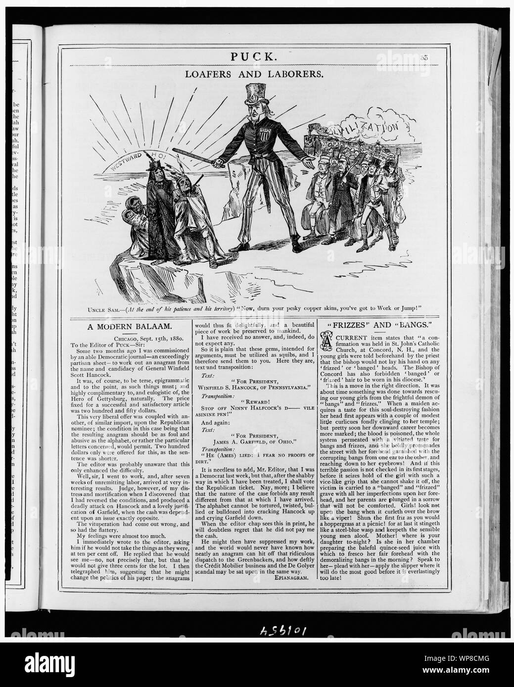 Mocassini e operai. Lo zio Sam--(alla fine della sua pazienza e il suo territorio) Ora, durn il pesky pelli di rame, hai per il lavoro o il salto!!! Foto Stock