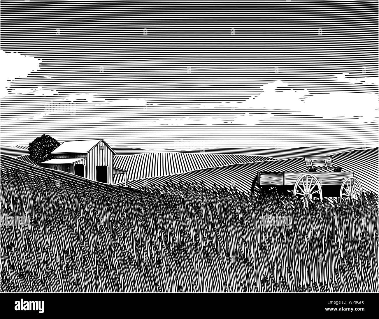 Xilografia style illustrazione di una fattoria del paesaggio. Illustrazione Vettoriale