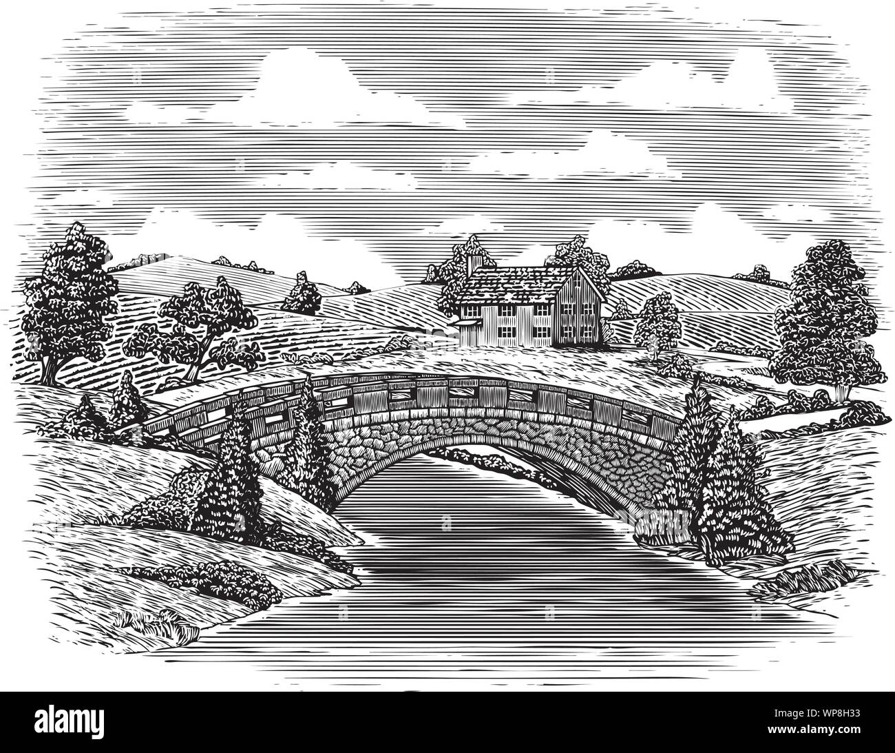 Xilografia illustrazione di un ponte su un flusso in un paese rurale impostazione. Illustrazione Vettoriale