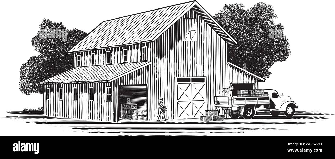 Xilografia-style illustrazione degli agricoltori il caricamento di casse di produrre su di un carrello con un fienile in background. Illustrazione Vettoriale