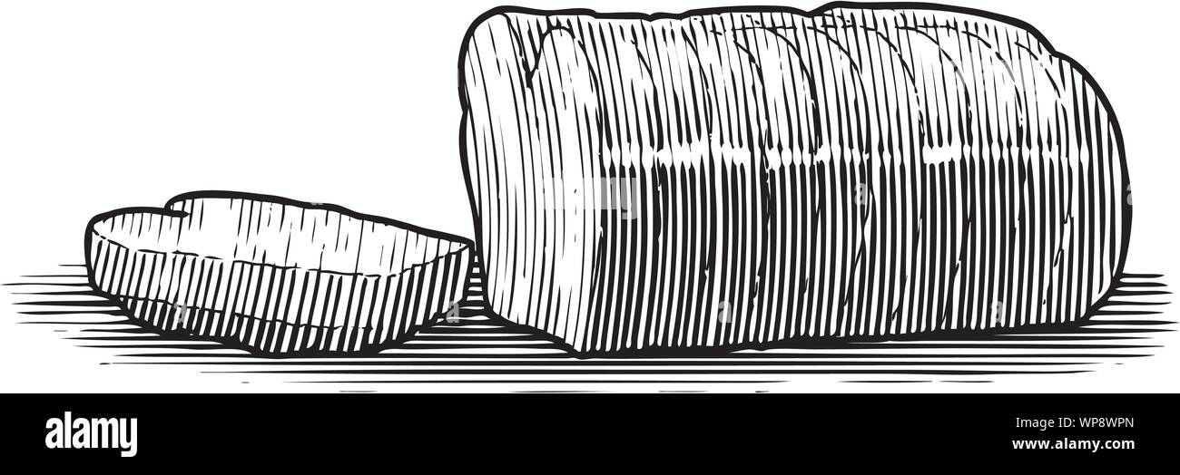 Xilografia illustrazione di un filone di pane tagliato a fette e. Illustrazione Vettoriale