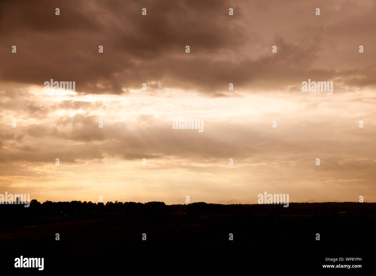 Drammatico paesaggio in controluce con il tramonto Roback di Umea con pilastri di luce proveniente dal cielo Foto Stock