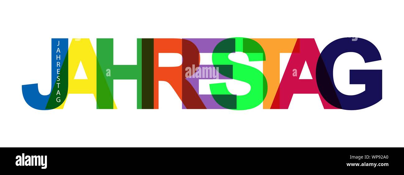 Banner di lettere colorate JAHRESTAG! In lingua tedesca, design piatto. Illustrazione Vettoriale
